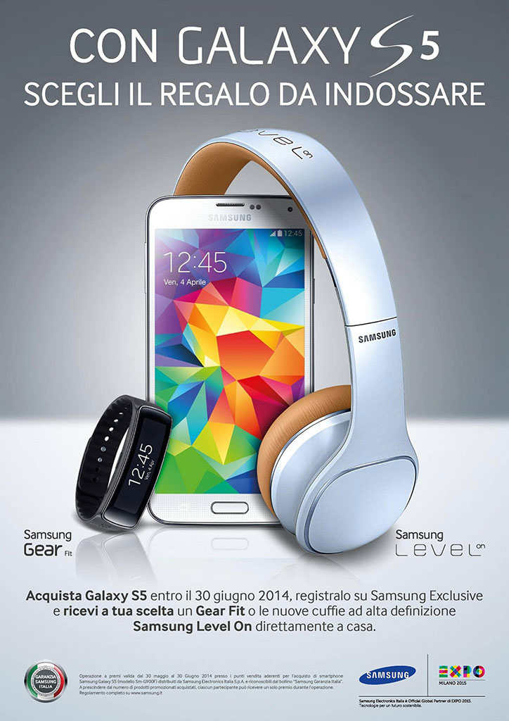 Samsung Galaxy S5: gratis Galaxy Gear Fit o cuffie Level on (promo Samsung Exclusive giugno 2014)
